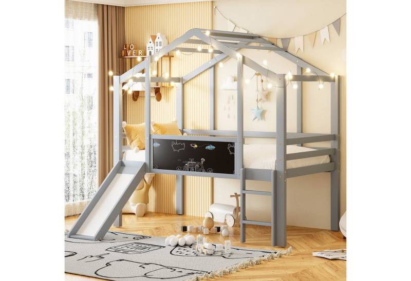 STILVORA Kinderbett 90x200 mit Matratze&Tafel,Holzbett Hochbett mit Dach&Geländer (mit Rutsche & Leiter, Massivholzbett im Hausstil, Kreativ-Tafel, 90×200 cm), ohne Matratze von STILVORA