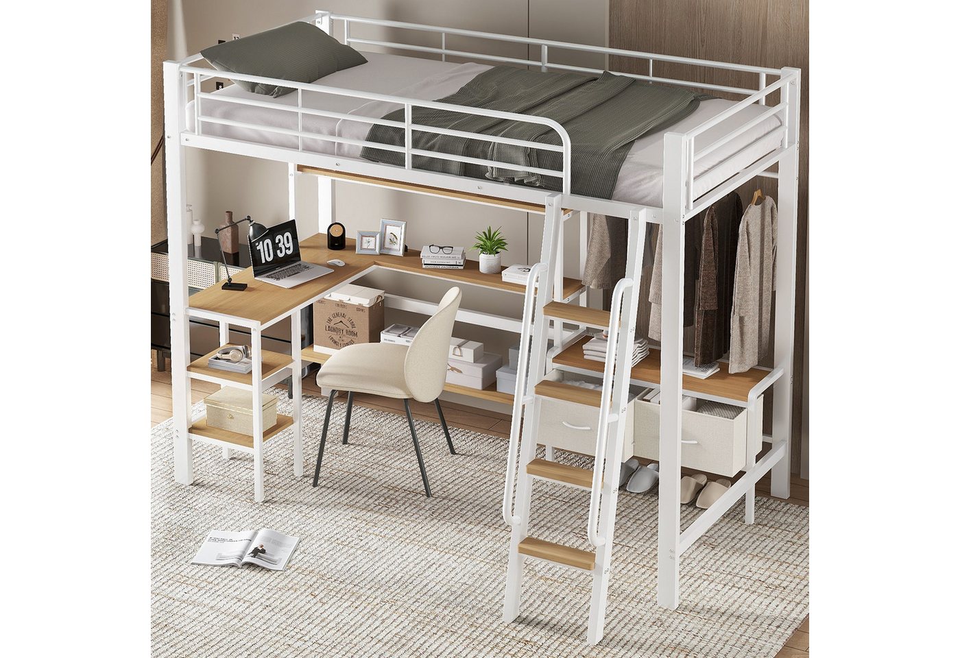 STILVORA Kinderbett 90x200 mit Schreibtisch,Jugendbett Bettgestell mit Stoff-Boxen®al (mit Schreibtisch, vierstöckiger Schrägtreppe und zwei Stoffaufbewahrungsboxen, 90x200cm), ohne Matratze von STILVORA