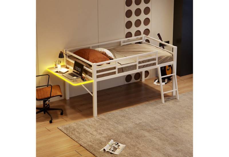 STILVORA Kinderbett 90x200 mit Schreibtisch,Kinderbett mit Geländer,LED,ohne matratze (Metallbett mit klappbarem Schreibtisch, LED-Lichtband und Sicherheitsgeländer – Weiße Ausführung, ideal für Kinder, Jugendliche und Studenten – Praktische Leiter, stabile Struktur und vielseitige Funktionen, 90x200 cm), ohne Matratze von STILVORA