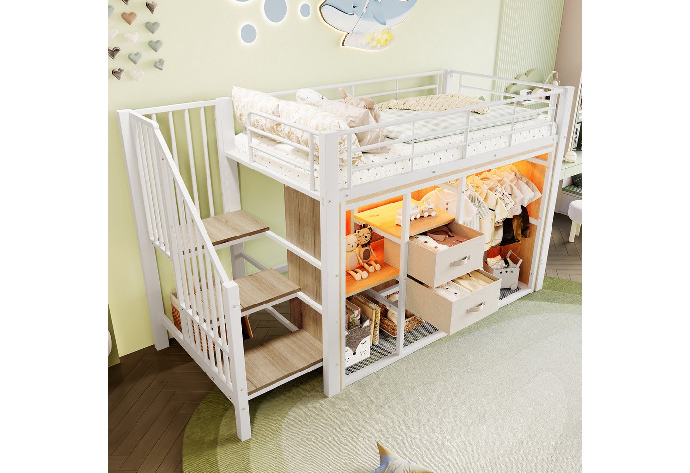 STILVORA Kinderbett 90x200 mit Schubladen,Kinderbett Eisenbett mit Kleiderschrank,weiß (mit 2 Schubladen, offenem Kleiderschrank und bunter LED-Beleuchtung, inklusive Staufächern, 90x200 cm), ohne Matratze von STILVORA