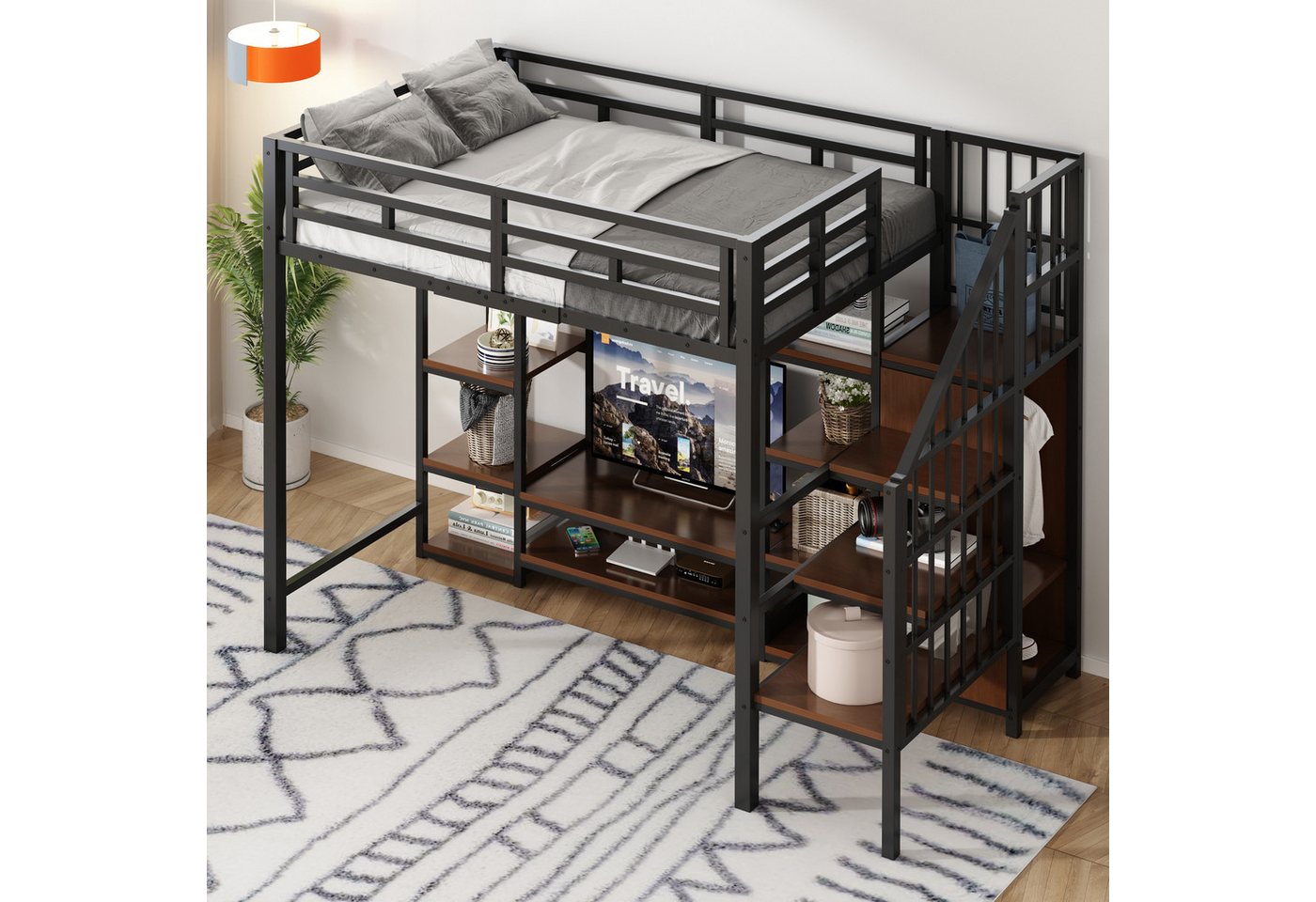 STILVORA Kinderbett 90x200 mit Staufach&TV-Ständer,Kinderbett Eisenbett mit Steckdose (mit integriertem TV-Regal, Steckdose & Sicherheitsleiter, Metall-Holz-Struktur, 90x200 cm), ohne Matratze von STILVORA