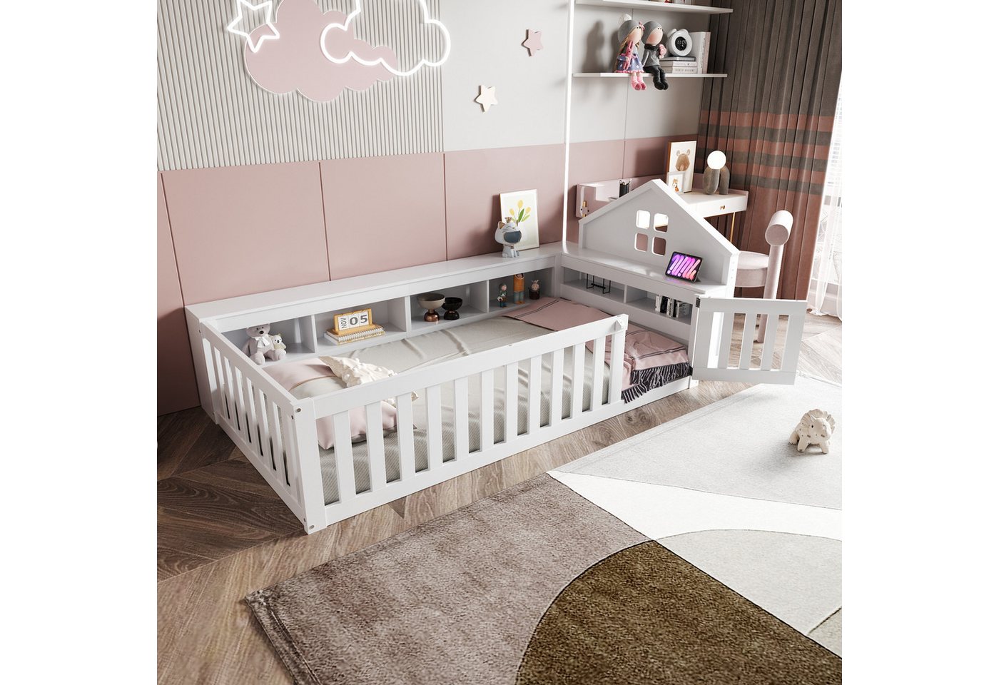 STILVORA Kinderbett 90x200 mit Stauraum,Bettgetstell mit Lattenrost und Sicherheitsgitter (mit Dach, Fenster & Stauraum, Sicherheitsgitter & Tür, Massivholz, Mit Lattenrost, Ideal für Jungen & Mädchen 90x200 cm), ohne Matratze von STILVORA