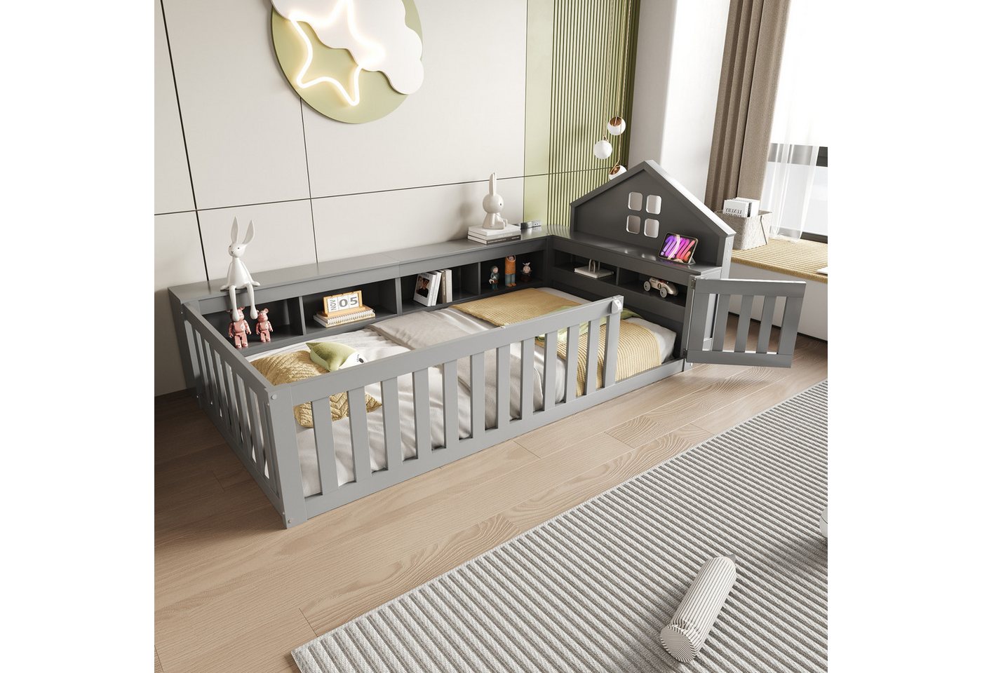 STILVORA Kinderbett 90x200 mit Stauraum,Bettgetstell mit Lattenrost und Sicherheitsgitter (mit Dach, Fenster & Stauraum, Sicherheitsgitter & Tür, Massivholz, Mit Lattenrost, Ideal für Jungen & Mädchen 90x200 cm), ohne Matratze von STILVORA