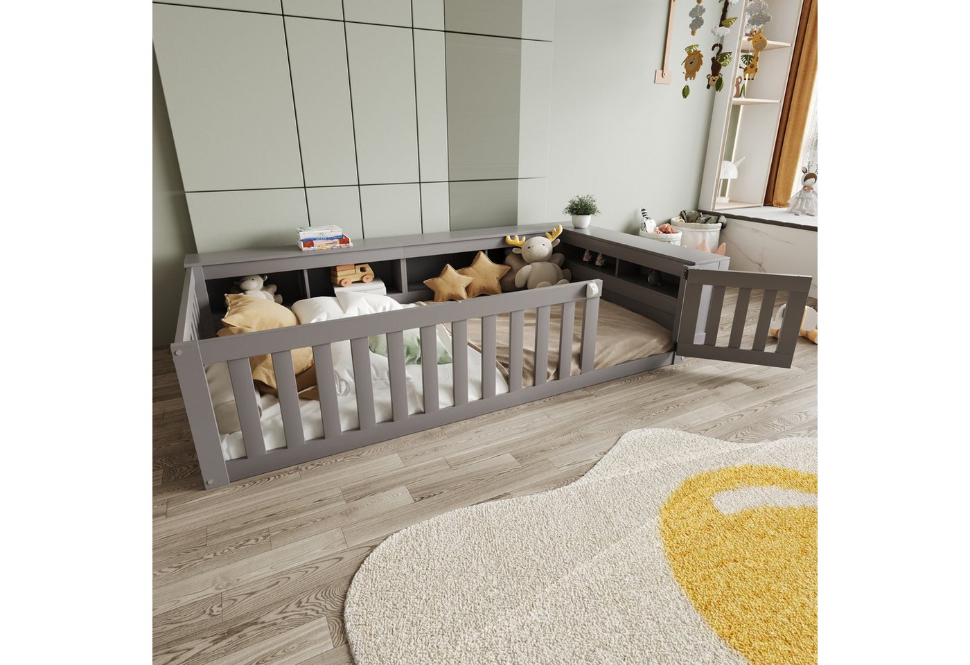 STILVORA Kinderbett 90x200 mit Stauraum,Bettgetstell mit Lattenrost und Sicherheitsgitter (mit Stauraum, Sicherheitsgitter & Tür, Ideal für kleine Räume, Inklusive Lattenrost 90x200 cm), ohne Matratze von STILVORA