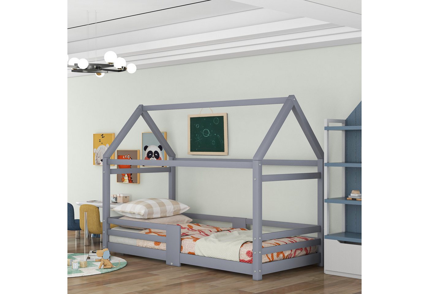 STILVORA Kinderbett 90×200 mit Tafel,Bettgestell Holzbett mit Lattenrost&Matratze (Massivholz Bett ohne Matratze), 90×200cm,aus Kiefer Holz,Grau von STILVORA