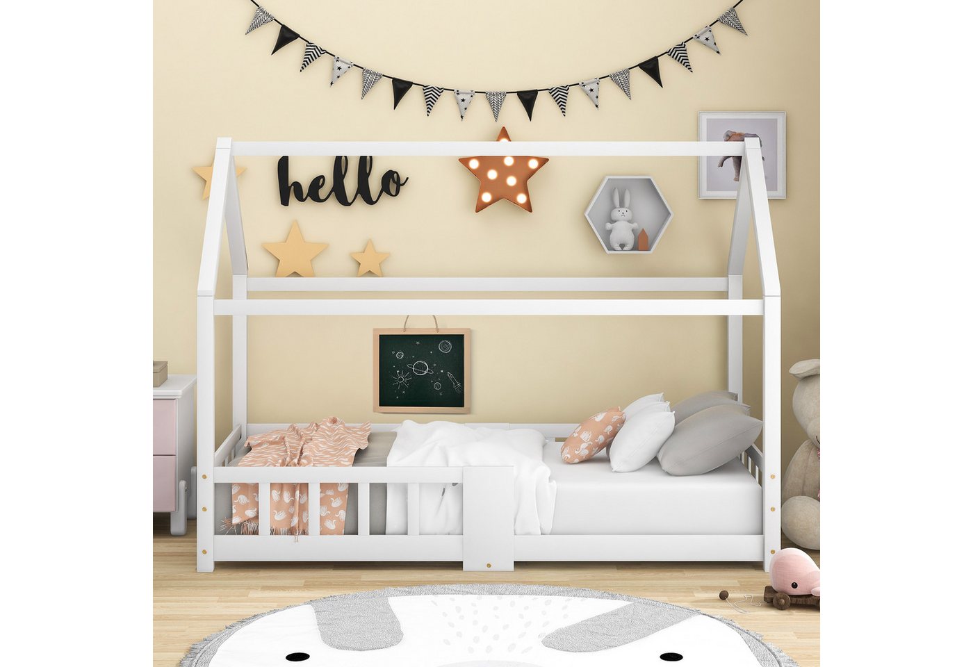 STILVORA Kinderbett 90×200 mit Tafel,Bettgestell Holzbett mit Lattenrost&Rausfallschutz (Massivholz Bett ohne Matratze), 90×200cm,aus Kiefer Holz,Weiß von STILVORA