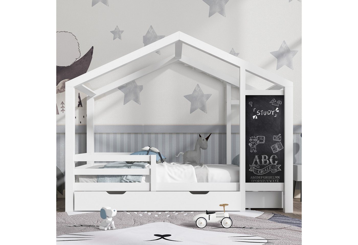 STILVORA Kinderbett 90×200 mit Tafel,Bettgestell Holzbett mit Schubladen&Lattenrost,Weiß (Holzbett mit Tafel und 2 Schubladen), Massivholz mit Zaun und Lattenrost von STILVORA