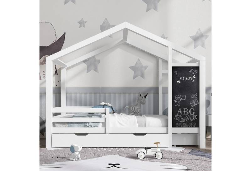 STILVORA Kinderbett 90×200 mit Tafel,Bettgestell Holzbett mit Schubladen&Lattenrost,Weiß (Holzbett mit Tafel und 2 Schubladen), Massivholz mit Zaun und Lattenrost von STILVORA