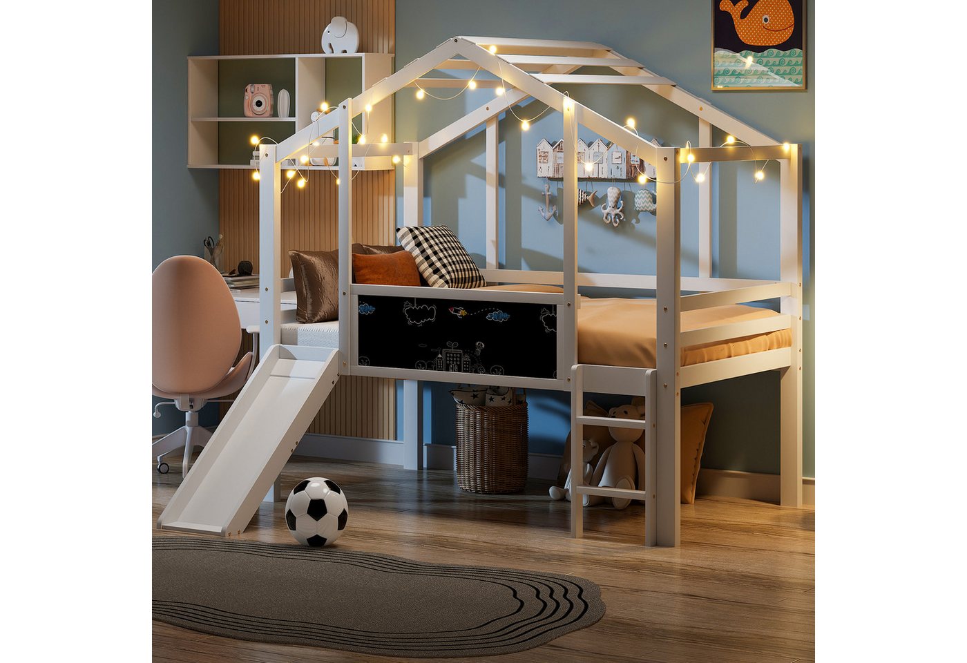 STILVORA Kinderbett 90x200 mit Tafel,Holzbett Hochbett mit Dach&Sicherheitsgeländer (mit Rutsche & Leiter, Massivholzbett im Hausstil, Kreativ-Tafel, 90×200 cm), ohne Matratze von STILVORA