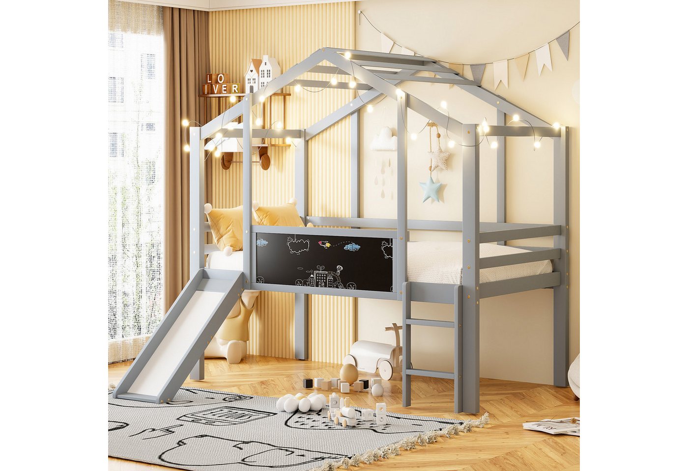 STILVORA Kinderbett 90x200 mit Tafel,Holzbett Hochbett mit Dach&Sicherheitsgeländer (mit Rutsche & Leiter, Massivholzbett im Hausstil, Kreativ-Tafel, 90×200 cm), ohne Matratze von STILVORA