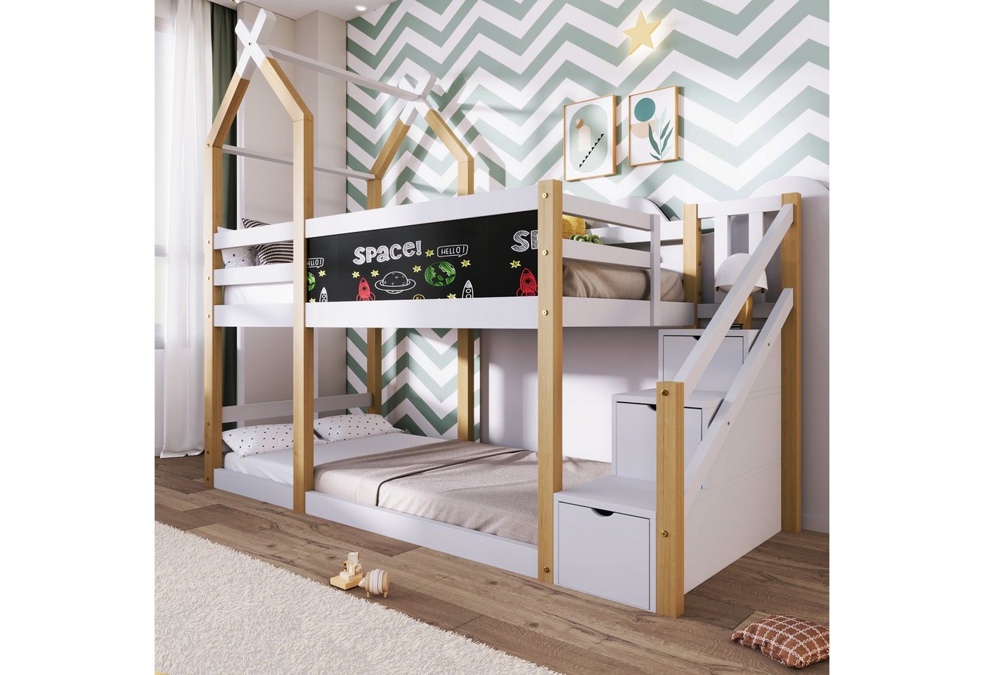 STILVORA Kinderbett 90×200 mit Tafel,Kinderbett Holzbett mit Stauraumtreppe&Rausfallschutz STILVORA Kinderbett 90×200 mit Tafel,Kinderbett Holzbett mit Stauraumtreppe&Rausfallschutz von STILVORA