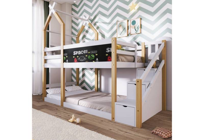 STILVORA Kinderbett 90×200 mit Tafel,Kinderbett Holzbett mit Stauraumtreppe&Rausfallschutz von STILVORA