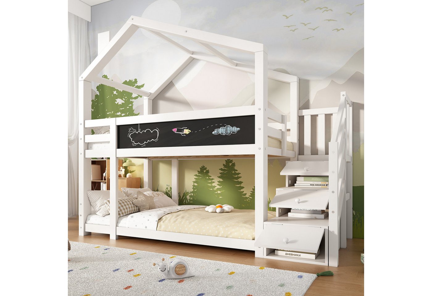 STILVORA Kinderbett 90×200 mit Tafel,Kinderbett Holzbett mit Stauraumtreppe&Schornstein (Hausbett für Mädchen und Jungen, 1-tlg., Sicheres und durchdachtes Design Stabile Kiefernstruktur), mit Treppe & Schubladen, bodentief, massivholz, weiß von STILVORA