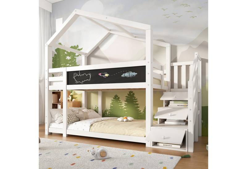 STILVORA Kinderbett 90×200 mit Tafel,Kinderbett Holzbett mit Stauraumtreppe&Schornstein (Hausbett für Mädchen und Jungen, 1-tlg., Sicheres und durchdachtes Design Stabile Kiefernstruktur), mit Treppe & Schubladen, bodentief, massivholz, weiß von STILVORA