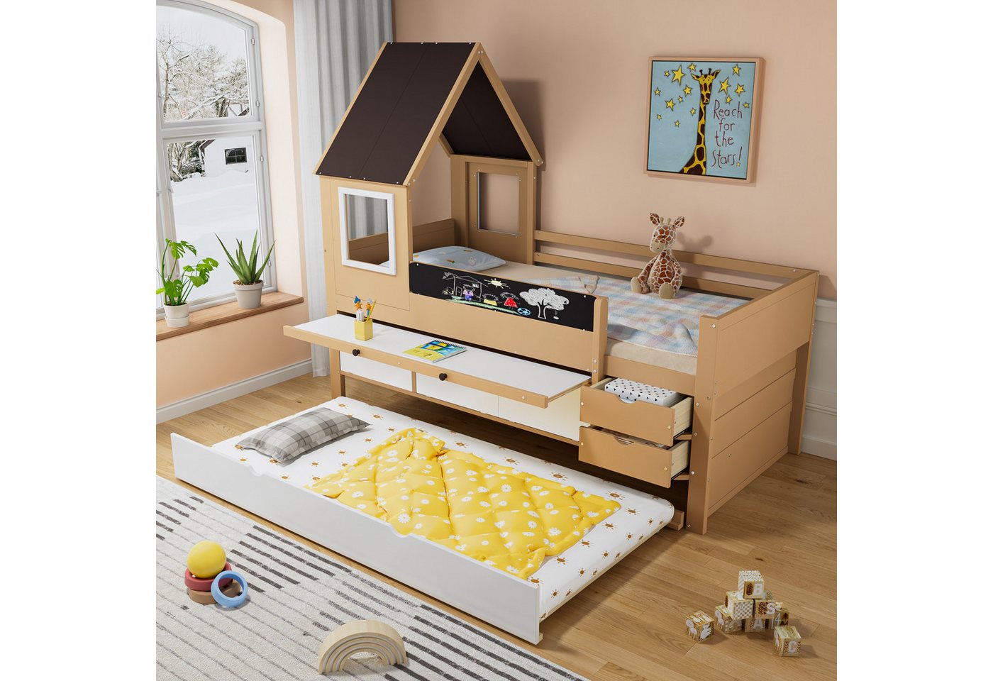 STILVORA Kinderbett 90x200 mit rausfallschutz,Hausbett mit schublade,Bett mit Fenster (mit Schubladen und Ausziehbett, Kinder Baumhausbett mit Ausziehtisch, viel Stauraum, 90x200&90*190cm), ohne Matratze von STILVORA