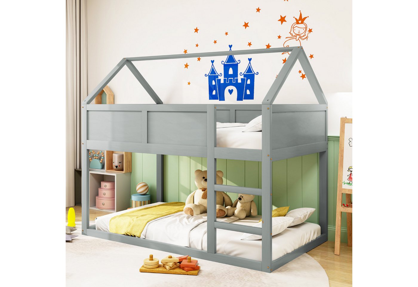 STILVORA Kinderbett 90×200 niedriges Etagenbett mit Matratze,Bettgestell mit Treppe (Hochbett mit Treppe, 90x200 cm), mit Matratze von STILVORA