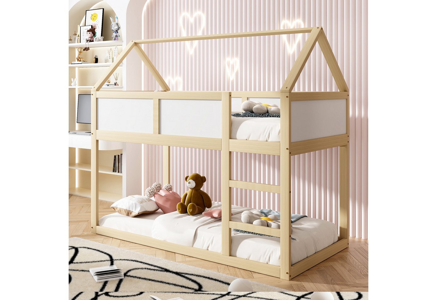 STILVORA Kinderbett 90×200 niedriges Etagenbett mit Matratze,Bettgestell mit Treppe (Hochbett mit Treppe, 90x200 cm), mit zwei Matratze von STILVORA