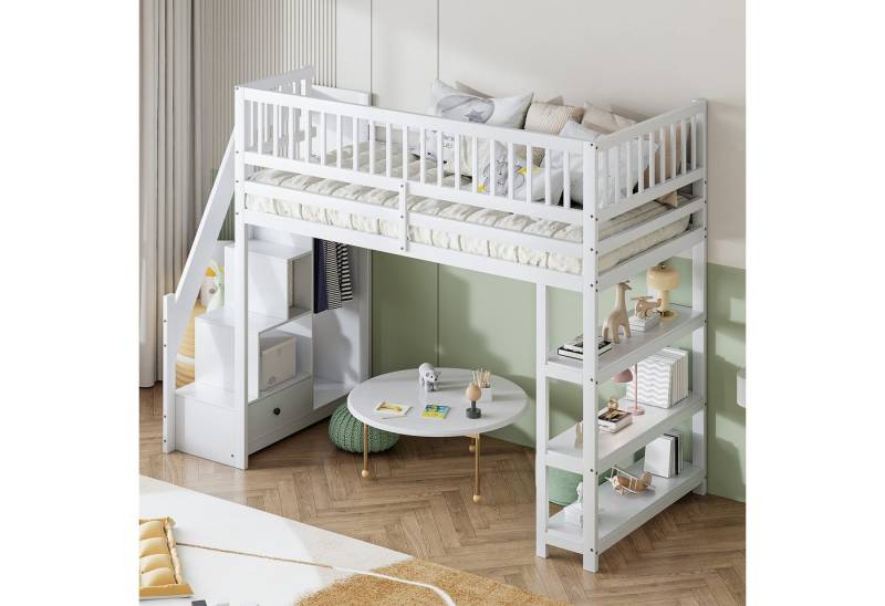 STILVORA Kinderbett Jugendbett 90x200 mit Regalen Kinderbett Holzbett mit Stauraum,Zaun (mit Stauraum, Sicherheitsleiter & Kleiderschrank – Massivholz, multifunktionales Kinderbett für kleines Zimmer – Grau, für Kinder und Jugendliche, 90 x 200 cm), ohne Matratze von STILVORA