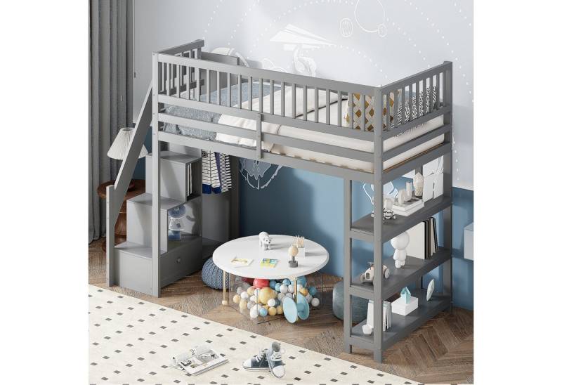 STILVORA Kinderbett Jugendbett 90x200 mit Regalen Kinderbett Holzbett mit Stauraum,Zaun (mit Stauraum, Sicherheitsleiter & Kleiderschrank – Massivholz, multifunktionales Kinderbett für kleines Zimmer – Grau, für Kinder und Jugendliche, 90 x 200 cm), ohne Matratze von STILVORA