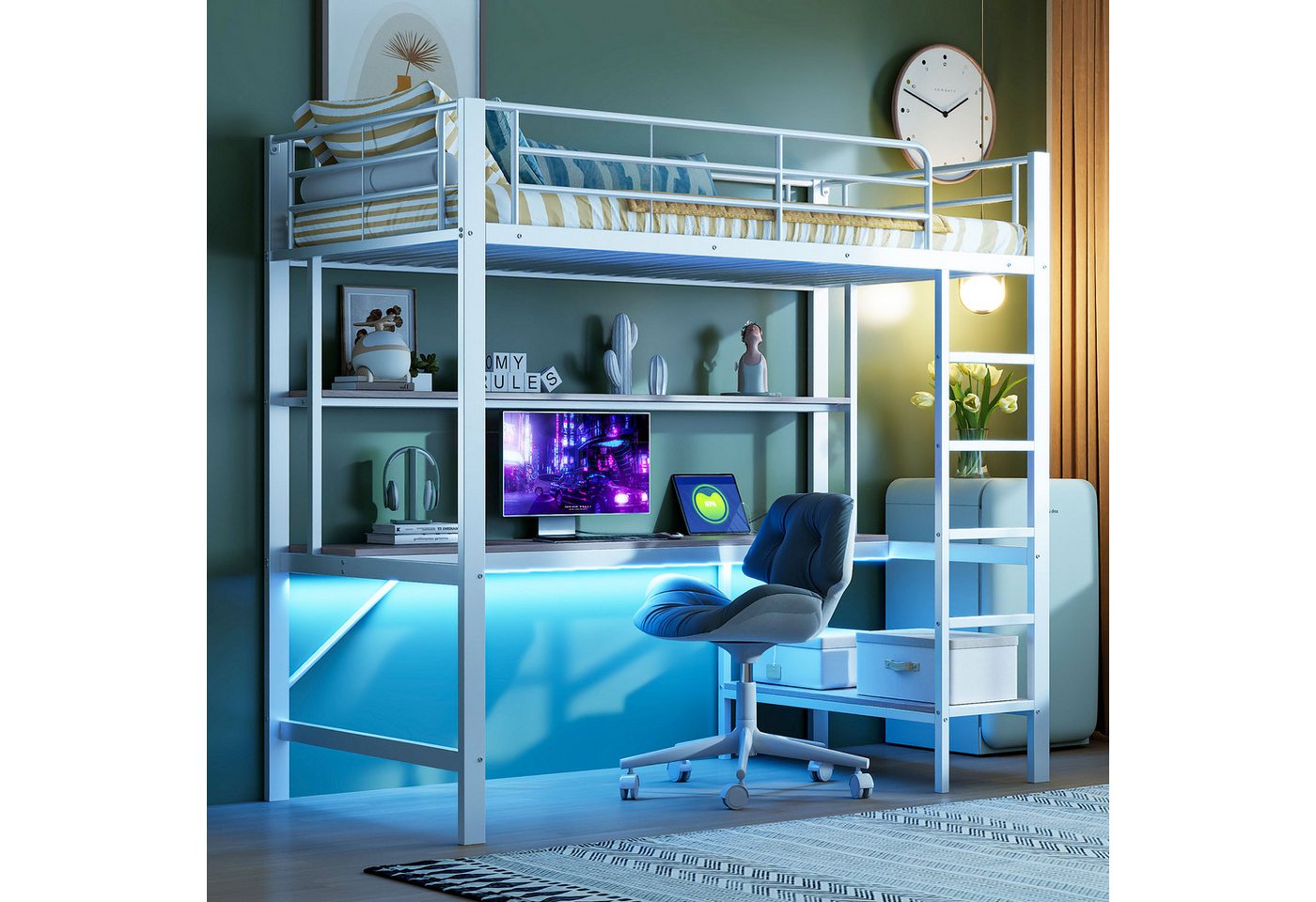 STILVORA Kinderbett Jugendbett 90×200cm Metallbett Kinderbett mit USB Steckdose & LED (90x200 cm mit Schreibtisch, Regal & LED-Licht – Metall & MDF, inkl. USB & Steckdose, für Kinder & Jugendliche), Ohne Matratze STILVORA Kinderbett Jugendbett 90×200cm Metallbett Kinderbett mit USB Steckdose & LED (90x200 cm mit Schreibtisch, Regal & LED-Licht – Metall & MDF, inkl. USB & Steckdose, für Kinder & Jugendliche), Ohne Matratze von STILVORA