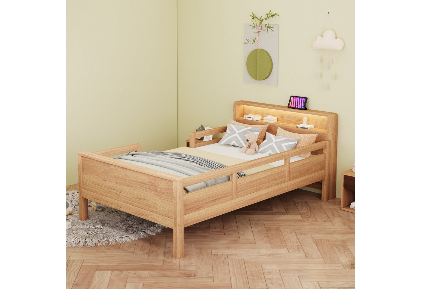 STILVORA Kinderbett mit LED&Ablage-Kopfteil,90×200 Hochbett Kinderbett mit USB&TYPE-C (mit Kopfteil und Stauraum, USB- & Type-C-Ladeanschluss, LED-Leuchte, Sicheres Einzelbett aus Kiefernholz mit Gitterdesign, 90x200 cm), ohne Matratze STILVORA Kinderbett mit LED&Ablage-Kopfteil,90×200 Hochbett Kinderbett mit USB&TYPE-C (mit Kopfteil und Stauraum, USB- & Type-C-Ladeanschluss, LED-Leuchte, Sicheres Einzelbett aus Kiefernholz mit Gitterdesign, 90x200 cm), ohne Matratze von STILVORA