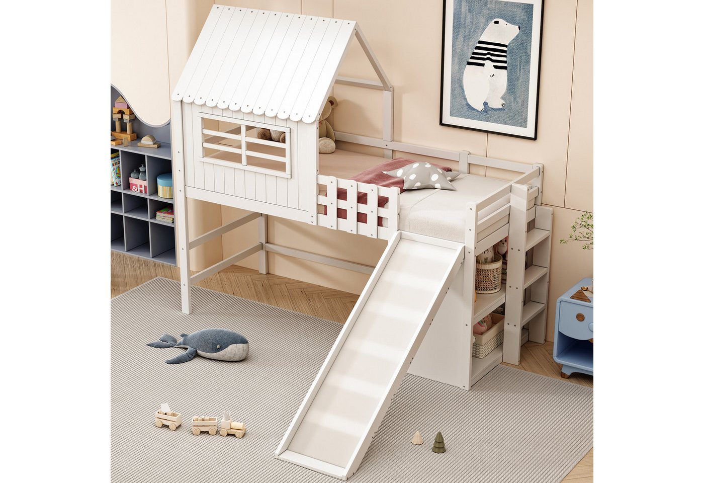 STILVORA Kinderbett mit Rutsche,90×200 Hochbett Bettgestell mit Ablagefach&Dachbodendesign (Dachhaus-Stil mit Rutsche & Leiter, Stauraum & Spielzone, Massivholz Einzelbett, 90x200 cm), ohne Matratze von STILVORA