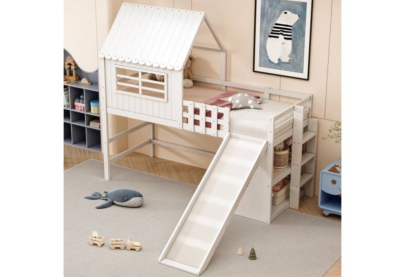 STILVORA Kinderbett mit Rutsche,90×200 Hochbett Bettgestell mit Ablagefach&Dachbodendesign (Dachhaus-Stil mit Rutsche & Leiter, Stauraum & Spielzone, Massivholz Einzelbett, 90x200 cm), ohne Matratze von STILVORA