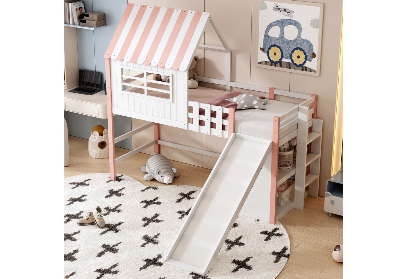 STILVORA Kinderbett mit Rutsche,90×200 Hochbett Bettgestell mit Ablagefach&Dachbodendesign (Dachhaus-Stil mit Rutsche & Leiter, Stauraum & Spielzone, Massivholz Einzelbett, 90x200 cm), ohne Matratze von STILVORA
