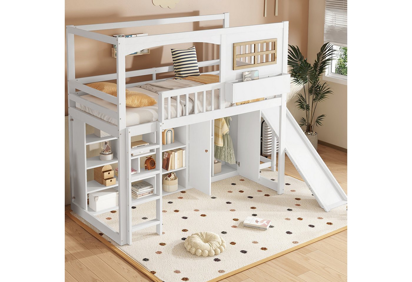 STILVORA Kinderbett mit Rutsche,90×200 Kinderbett Jugendbett mit Kleiderschrank&Ablagefach (Kinder Etagenbett mit Rutsche und Kleiderschrank, 90x200 cm), ohne Matratze von STILVORA