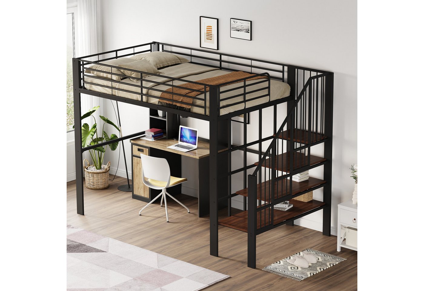STILVORA Kinderbett mit Stauraum,140×200 Jugendbett Bettgestell mit Lattenrost,Schwarz (mit stabiler Metallkonstruktion, geräumigem Stauraum & integrierter Treppe, 140x200 cm), ohne Matratze von STILVORA
