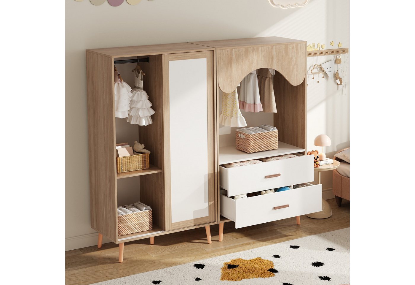 STILVORA Kleiderschrank mit 2 Kleiderschrank,Garderoben-Sets Flurgarderobe mit Kleiderstange (Kinderzimmer-Set, Garderoben-Set, Kombinationsgarderobe, 1-St., Schiebetürgarderobe + Offene Garderobe) Höhe 141,5 cm von STILVORA