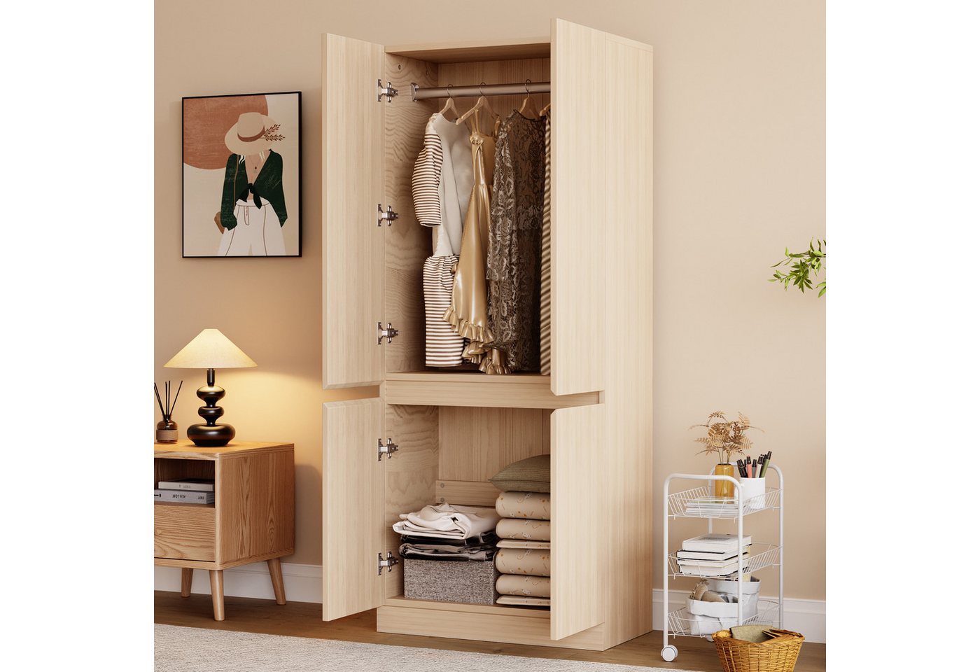STILVORA Kleiderschrank mit Kleiderständer,Aufwahrungsschrank Garderobenständer mit Staufach (mit Doppeltüren, geräumigem Staufach & minimalistisches Design, 70 × 40 × 170 cm) von STILVORA