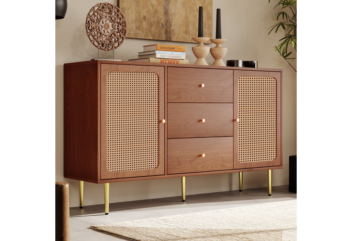 STILVORA Kommode mit 2 Türen&3 Schubladen,Rattan Sideboard Beistellschrank mit Ablage (Schubladenkommode mit 2 Türen und 3 Schubladen aus Massivholz Holz), Füße aus Metall von STILVORA