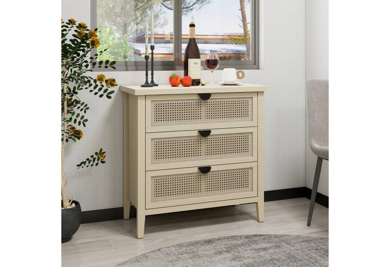 STILVORA Kommode mit 3 Schubladen,Beistellschrank Kommode aus Waben-Rattangeflecht (31,5" Beistellschrank mit 3 Schubladen – Waben-Rattanfronten, Metallgriffe Kratzfeste Oberfläche, Stabile Konstruktion & Wandbefestigung) von STILVORA
