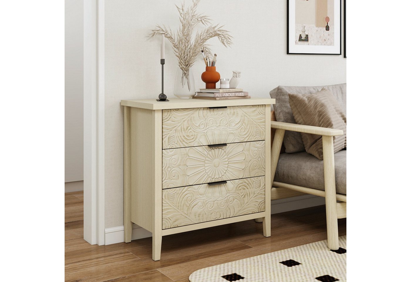 STILVORA Kommode mit 3 Schubladen,Beistellschrank Kommode mit Reliefdesign,Naturfarbe (mit 3 Schubladen und Reliefdesign, austauschbare Fronten für verschiedene Effekte, Beistellschrank in Naturholzoptik, stabile MDF-Bauweise, wasserabweisend) STILVORA Kommode mit 3 Schubladen,Beistellschrank Kommode mit Reliefdesign,Naturfarbe (mit 3 Schubladen und Reliefdesign, austauschbare Fronten für verschiedene Effekte, Beistellschrank in Naturholzoptik, stabile MDF-Bauweise, wasserabweisend) von STILVORA