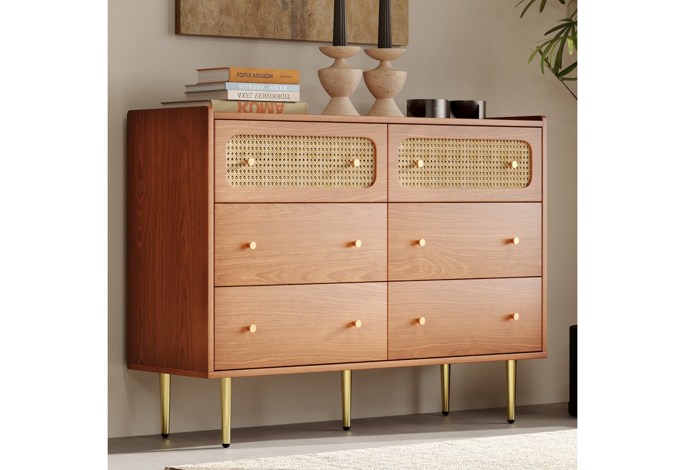 STILVORA Kommode mit 6 Schubladen,Rattan Sideboard Fluschrank mit Abgerundete Ecken (Schubladenkommode mit 6 Schubladen aus Massivholz Holz Füße aus Metall) von STILVORA