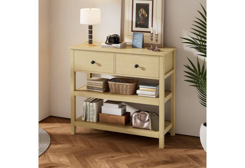 STILVORA Konsolentisch mit 2 Schubladen,Beistellschrank Aufwahrungsschrank mit offene Regale (Retro-Konsolentisch mit Schubladen und offenen Regalen - Kompakte Holz Optik, vielseitig für Flur, Wohnzimmer und Eingangsbereich, modernes Design, stabil und einfach zu montieren, 34.5 x 28 × 10 cm) von STILVORA