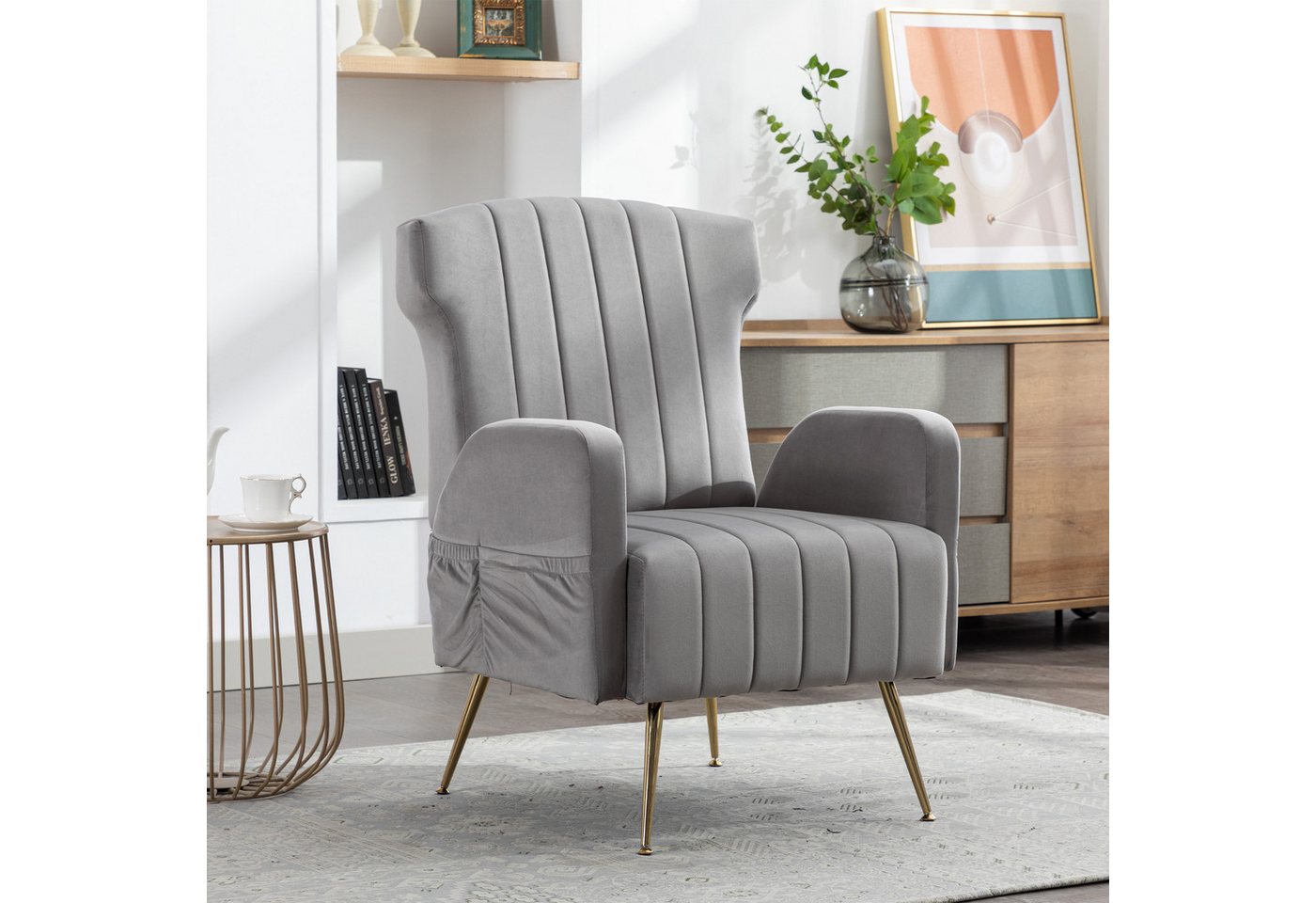 STILVORA Loungesessel mit hohe Rückenlehne,Polstersessel Loungesessel mit Metallbeinen (goldenen Metallbeinen und praktischen Seitentaschen –Wohnzimmer, mit eitentaschen, Samt), mit goldenen Füßen von STILVORA