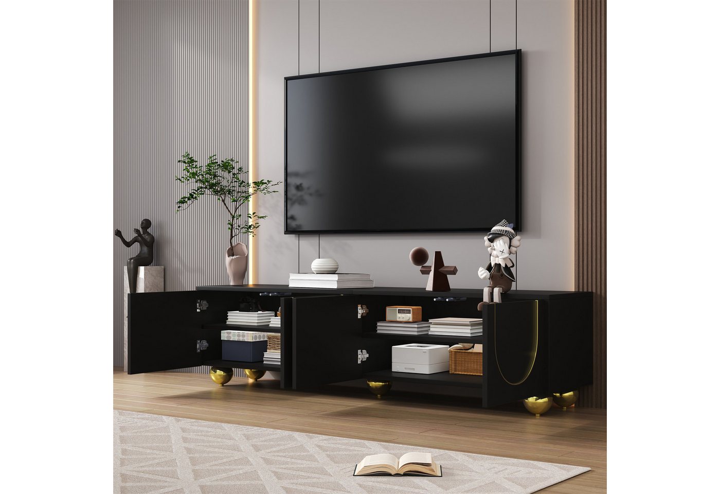 STILVORA Lowboard 170×38cm TV-Schrank in wohnzimmer,Fernsehschrank schwarz mit Regal (Fernsehtisch, TV-Board mit Metallbeine, 1 St., 4 Türen), Push-Open-Mechanismus,mit goldenen Bögen und exquisiten Schnitzereien von STILVORA