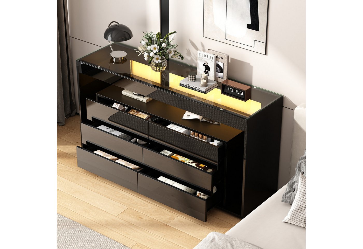 STILVORA Lowboard Sideboard wohnzimmer schwarz,LED-Hochglanz-Kommde mit Glasarbeitsplatt STILVORA Lowboard Sideboard wohnzimmer schwarz,LED-Hochglanz-Kommde mit Glasarbeitsplatt von STILVORA