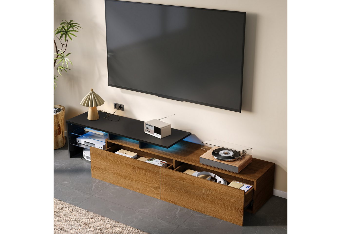 STILVORA Lowboard mit 2 Schubladen,TV-Schrank Fernsehschrank mit LED&offene Ablagefächer (TV-Panel, TV-Entertainment-Center, 1 St., 2 Schubladen), mit Glasböden, LED-Beleuchtung von STILVORA
