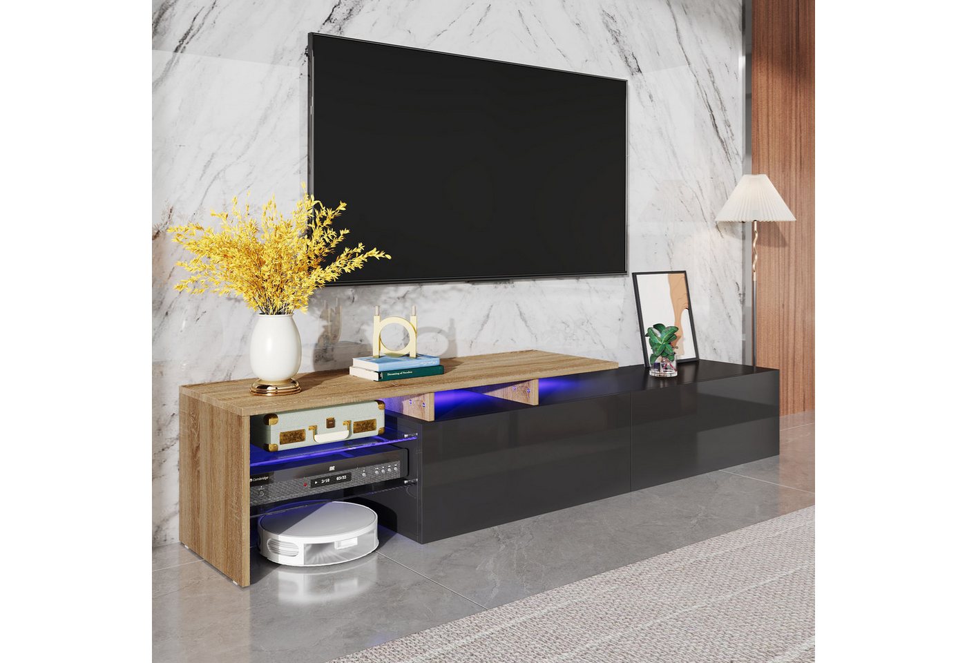 STILVORA Lowboard mit 2 Schubladen,TV-Schrank Fernsehschrank mit LED&offene Ablagefächer (TV-Panel, TV-Entertainment-Center, 1 St., 2 Schubladen), mit Glasböden, LED-Beleuchtung von STILVORA