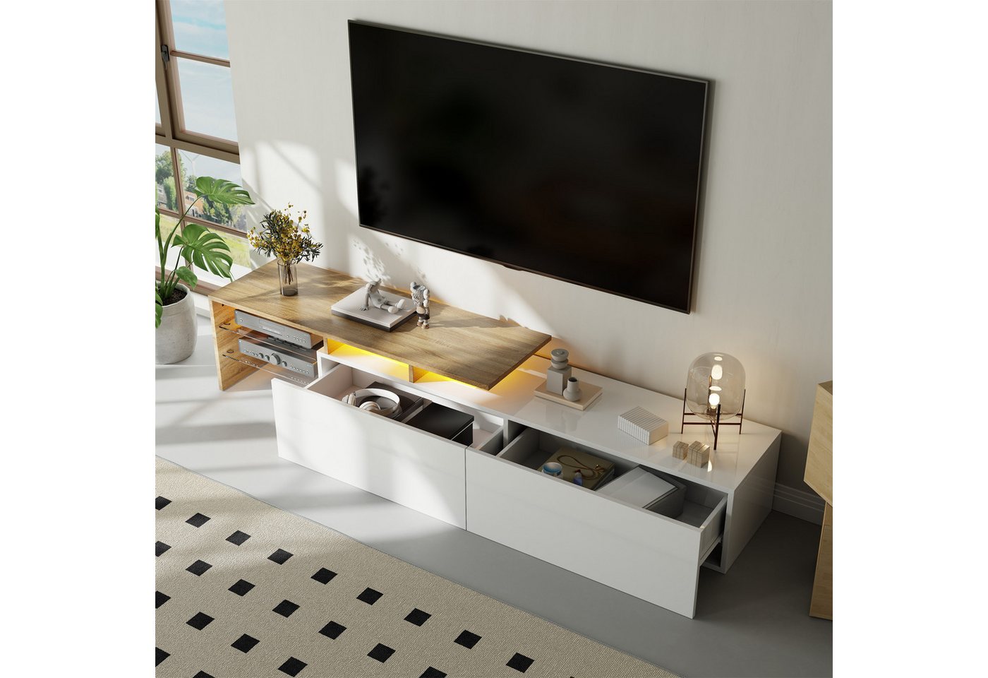 STILVORA Lowboard mit 2 Schubladen,TV-Schrank Fernsehschrank mit LED&offene Ablagefächer (TV-Panel, TV-Entertainment-Center, 1 St., 2 Schubladen), mit Glasböden, LED-Beleuchtung von STILVORA