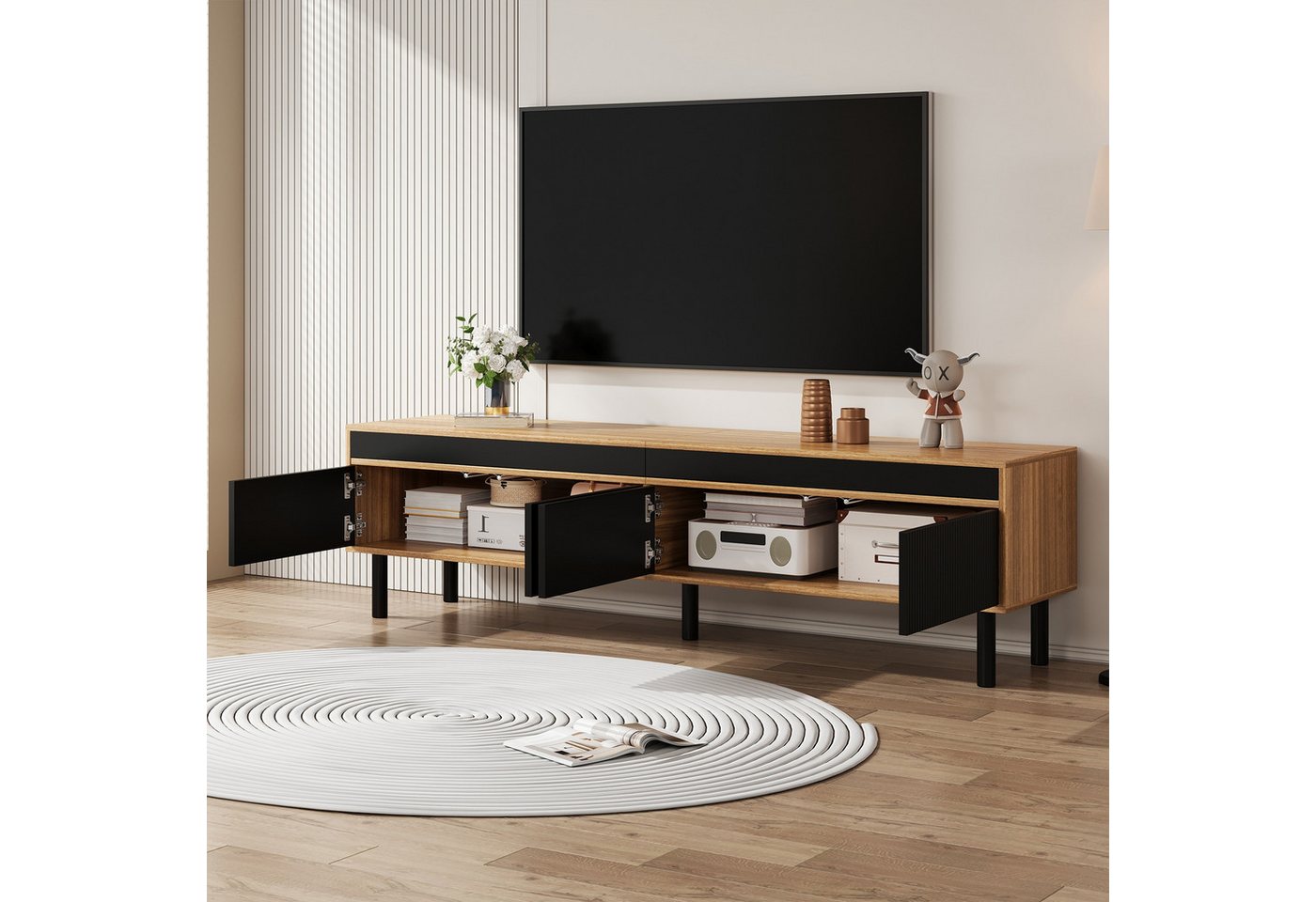 STILVORA Lowboard mit 3 Türen,TV-Schrank Fernsehschrank grifflos mit Holzbeine,Schwarz (Fernsehtisch, Wohnzimmermöbel, 1 St., 170 x 38 x 47.7cm), in Schwarz und Naturholz, MDF+ Spanplatte von STILVORA