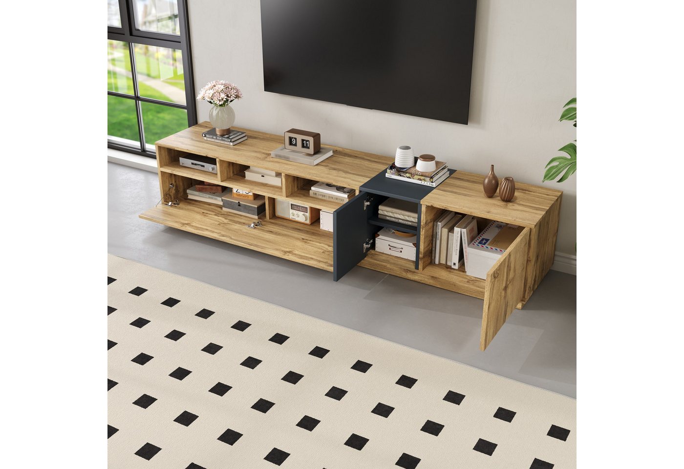 STILVORA Lowboard mit Fächern,TV-Schrank Fernsehschrank mit Kabelöffnungen,Natur von STILVORA