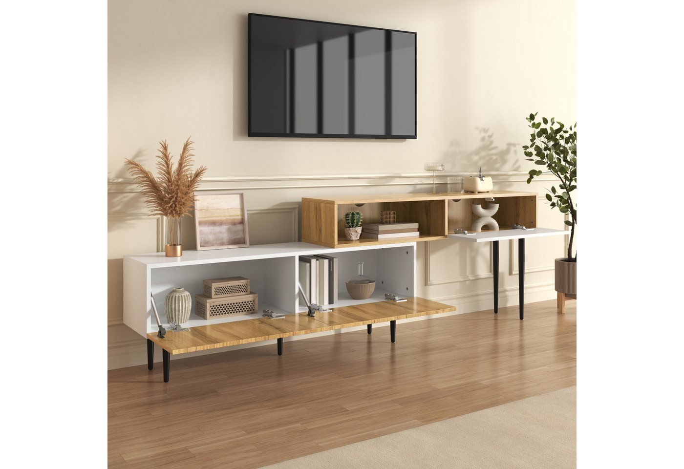 STILVORA Lowboard mit Klapptür,TV-Schrank TV-Lowboard in Holzoptik mit offene Regal (Wohnzimmermöbel, Fernsehschrank, 1 St., Holzoptik + Weiß matt, 130-220 Länge), mit verstellbarer Länge von STILVORA