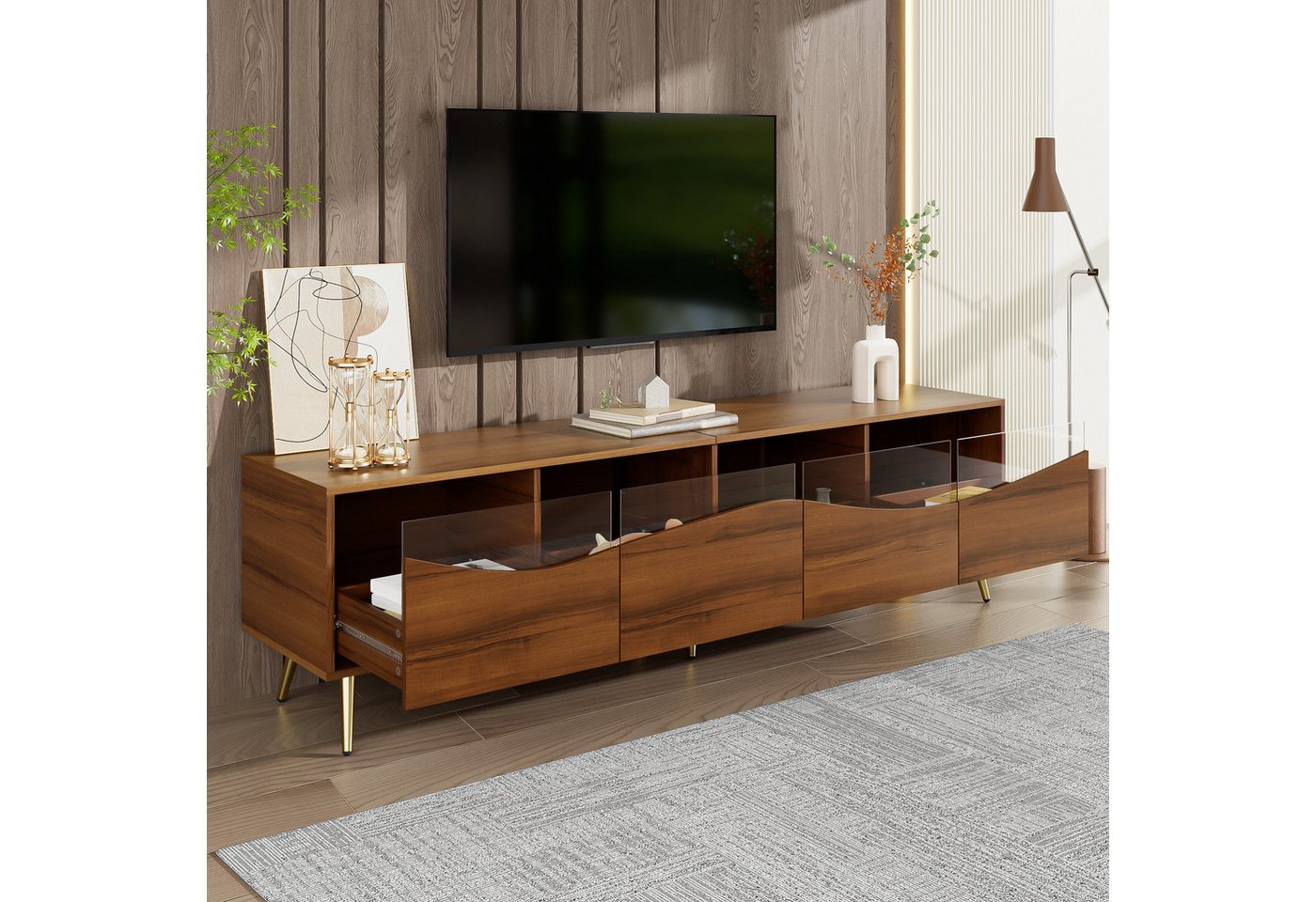 STILVORA Lowboard mit LED-Beleuchtung,TV-Schrank TV-Regal mit Metallfüßen&Glasfront (Fernsehtisch, TV-Glasschrank, 1 St., 180 x 40 x 50 cm), mit Glasfront, goldenen Metallfüßen von STILVORA