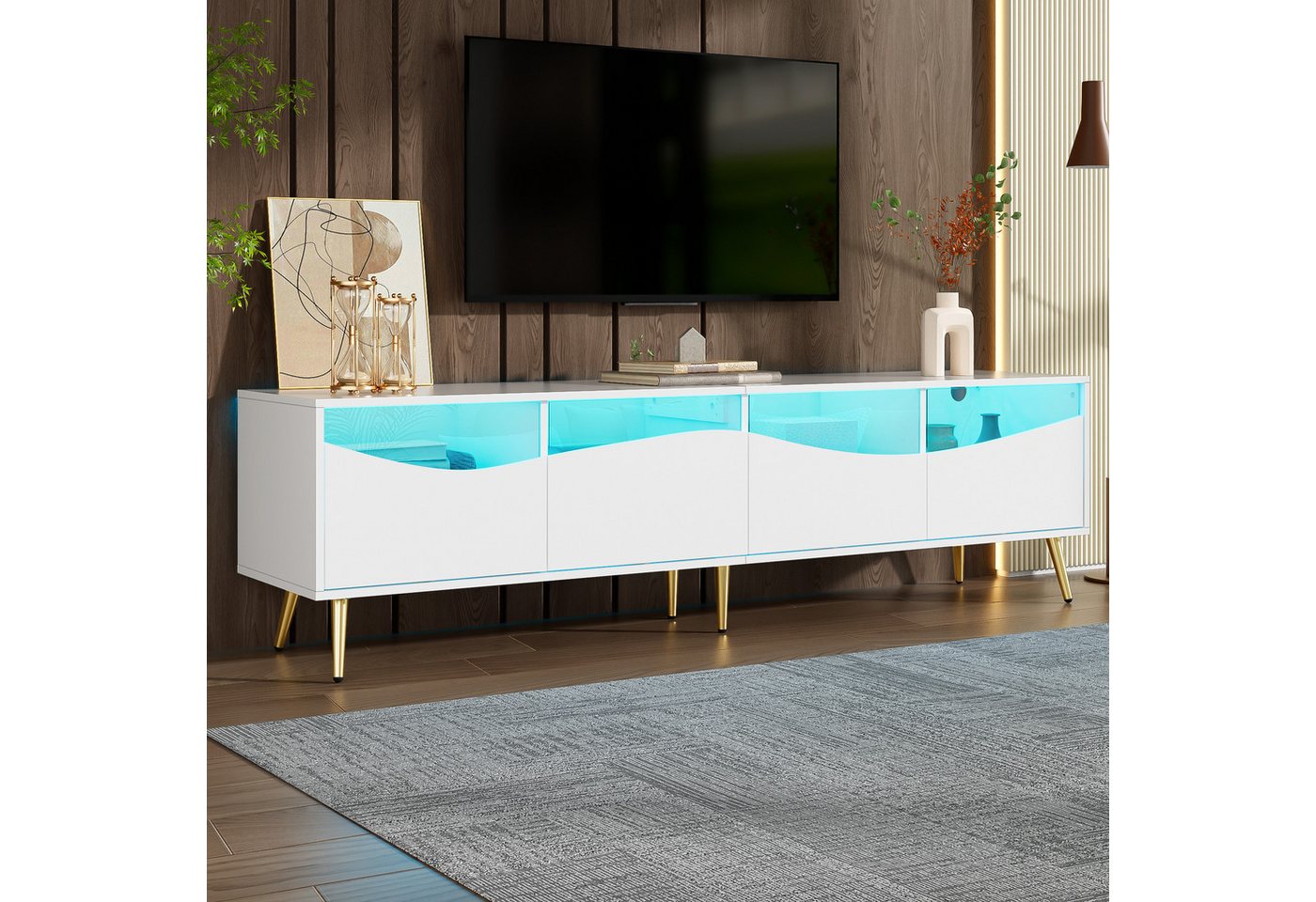 STILVORA Lowboard mit LED-Beleuchtung,TV-Schrank TV-Regal mit Metallfüßen&Glasfront (Fernsehtisch, TV-Glasschrank, 1 St., 180 x 40 x 50 cm), mit Glasfront, goldenen Metallfüßen von STILVORA