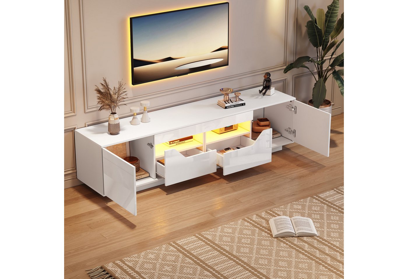 STILVORA Lowboard mit LED-Leuchten,TV-Schrank Fernsehschrank mit Schubladen&Schränken (Fernsehschrank, Wohnzimmermöbel, 1 St., 2 Schubladen, 4 Türen), mit LED-Leuchten, für 75-Zoll-Fernseher von STILVORA