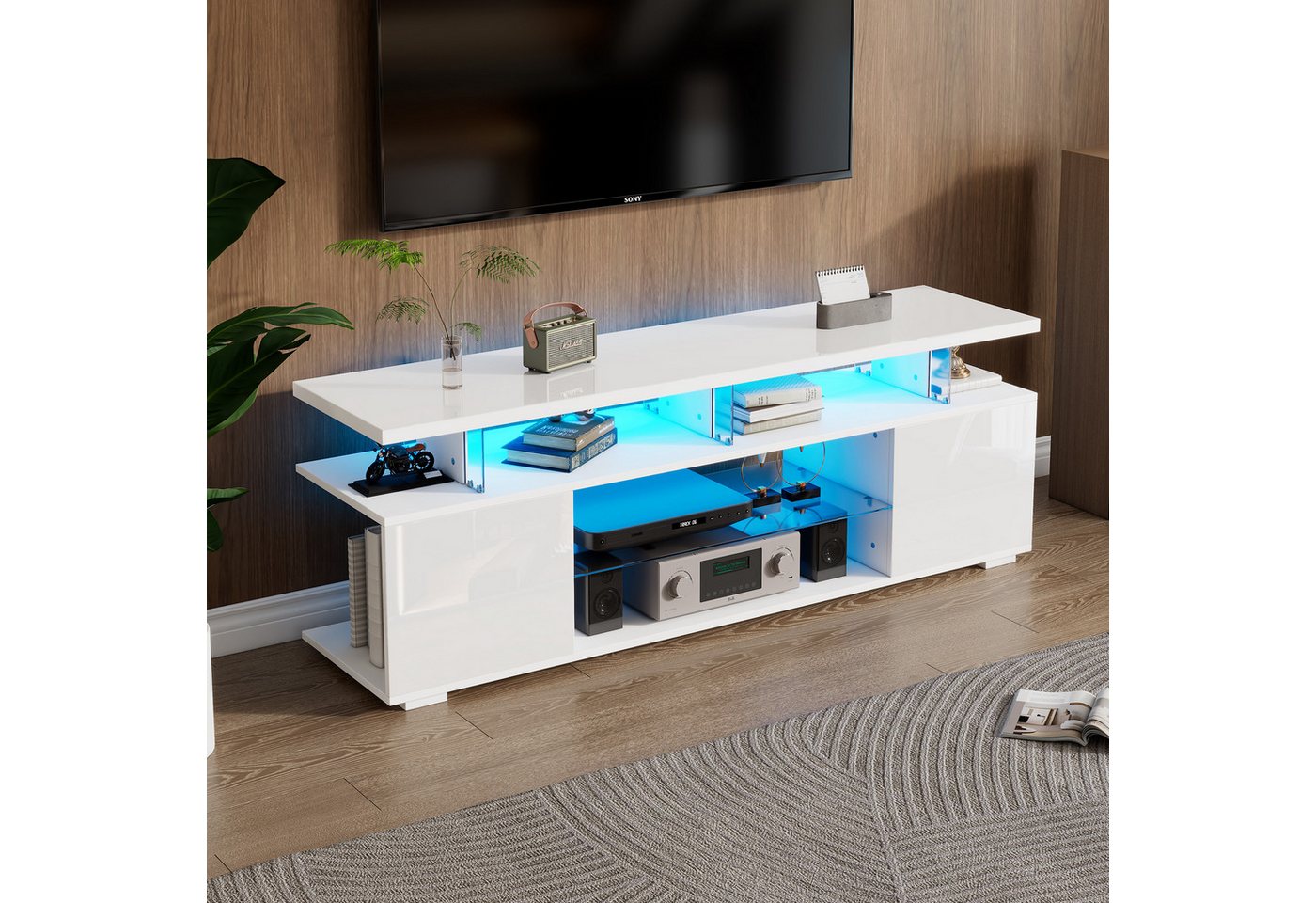 STILVORA Lowboard mit LED-Licht,TV-Glasschrank Fernsehschrank für 60-Zoll-Fernseher,weiß (TV-Panel, TV-Glasschrank, universelle Gaming-Medienständer, 1 St., LED (16 Farben und 4 dynamische Modi), mit LED-Beleuchtung, für 60-Zoll-Fernseher von STILVORA